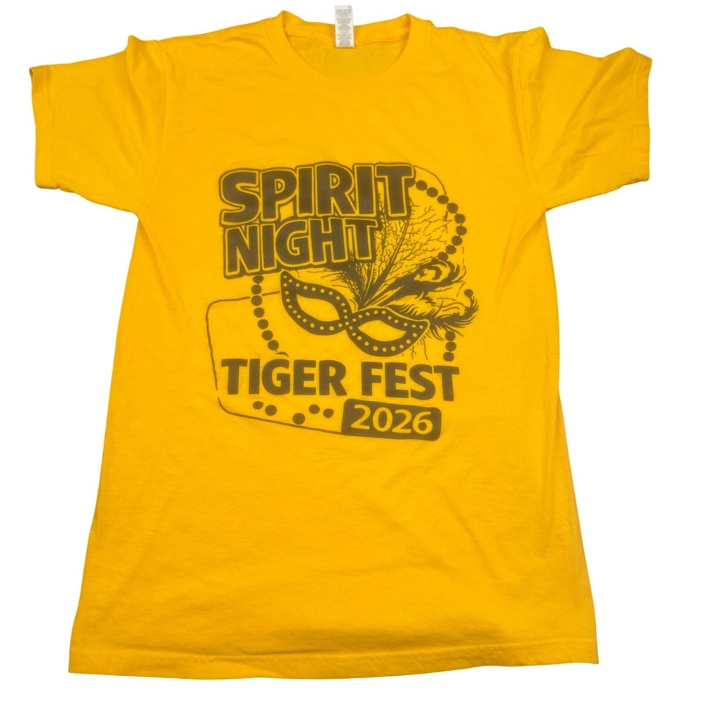 M&O Gold Mens Tiger Fest 2026 Spirit Night T-Shirt Small Yellow Graphic Mask